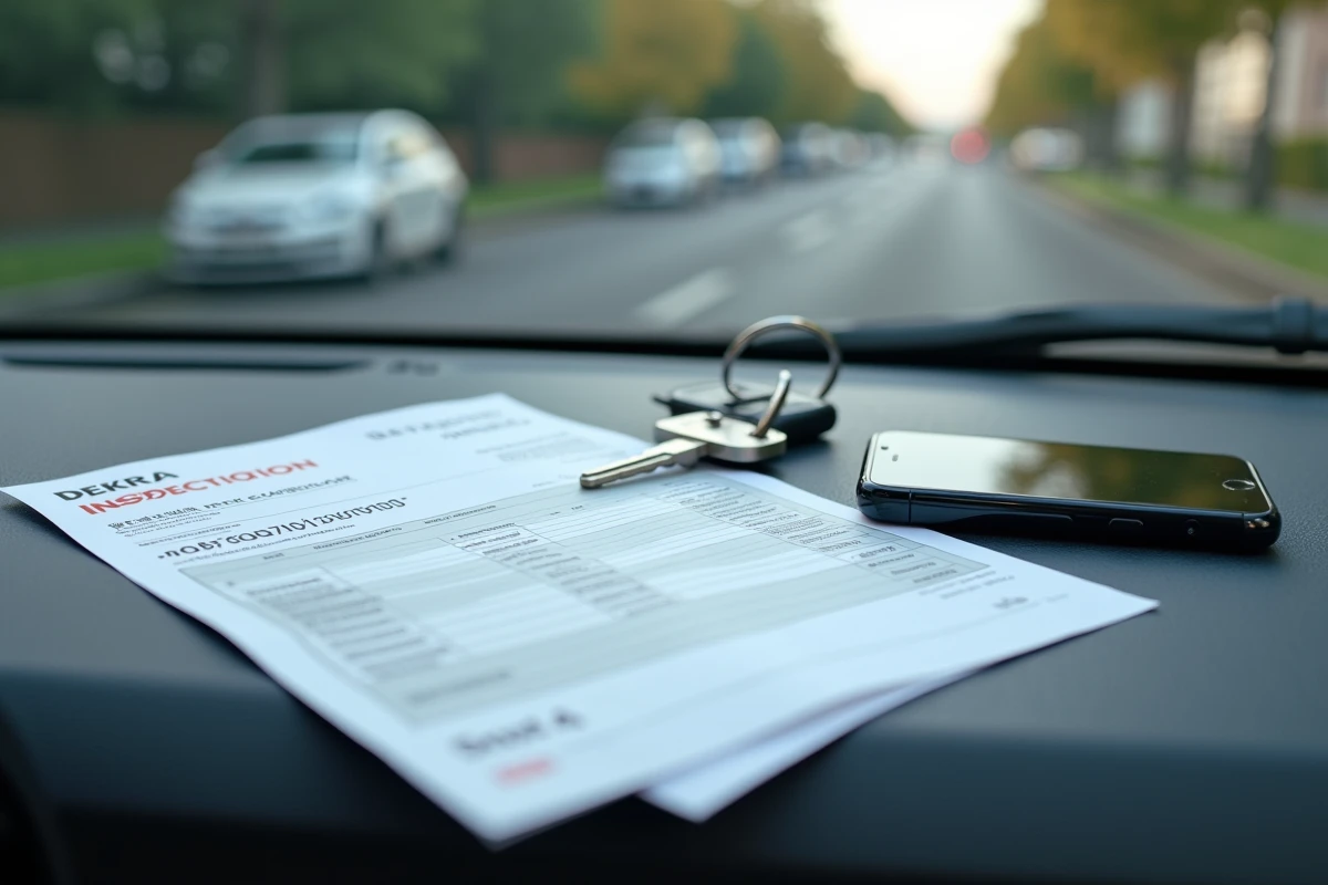 Certificat de contrôle technique DEKRA, facture et clés de voiture posés sur un tableau de bord