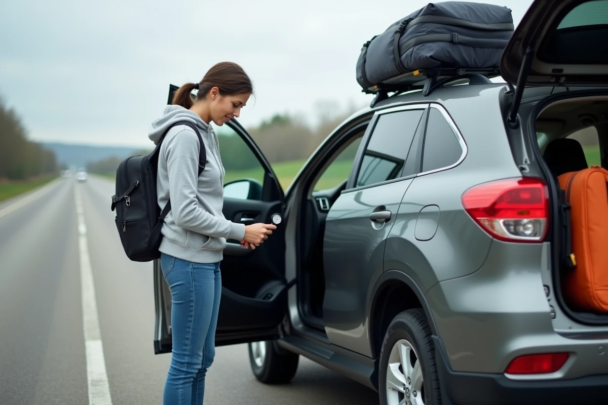 Femme consultant l'étiquette de pression des pneus sur la portière d'un SUV chargé avant un voyage