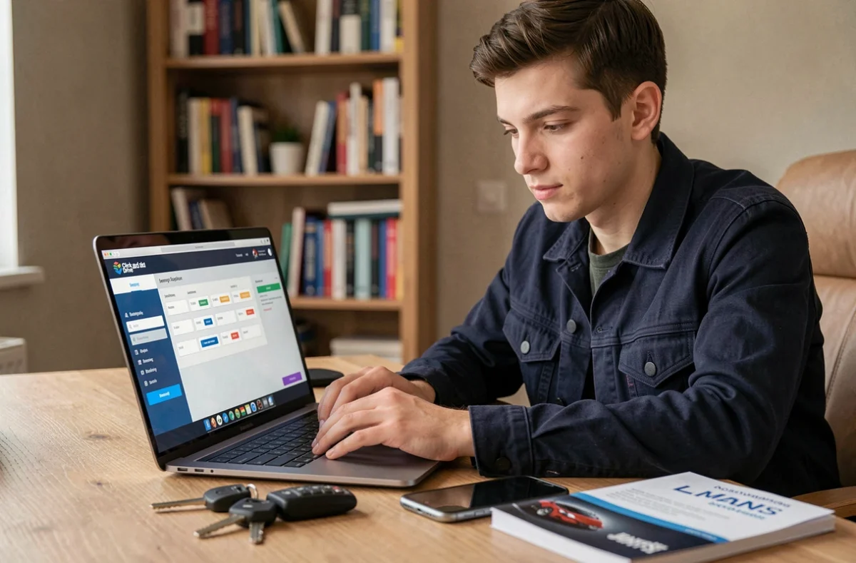 Jeune homme inscrivant une leçon de conduite en ligne via la plateforme Click and Drive au Mans depuis son bureau à domicile