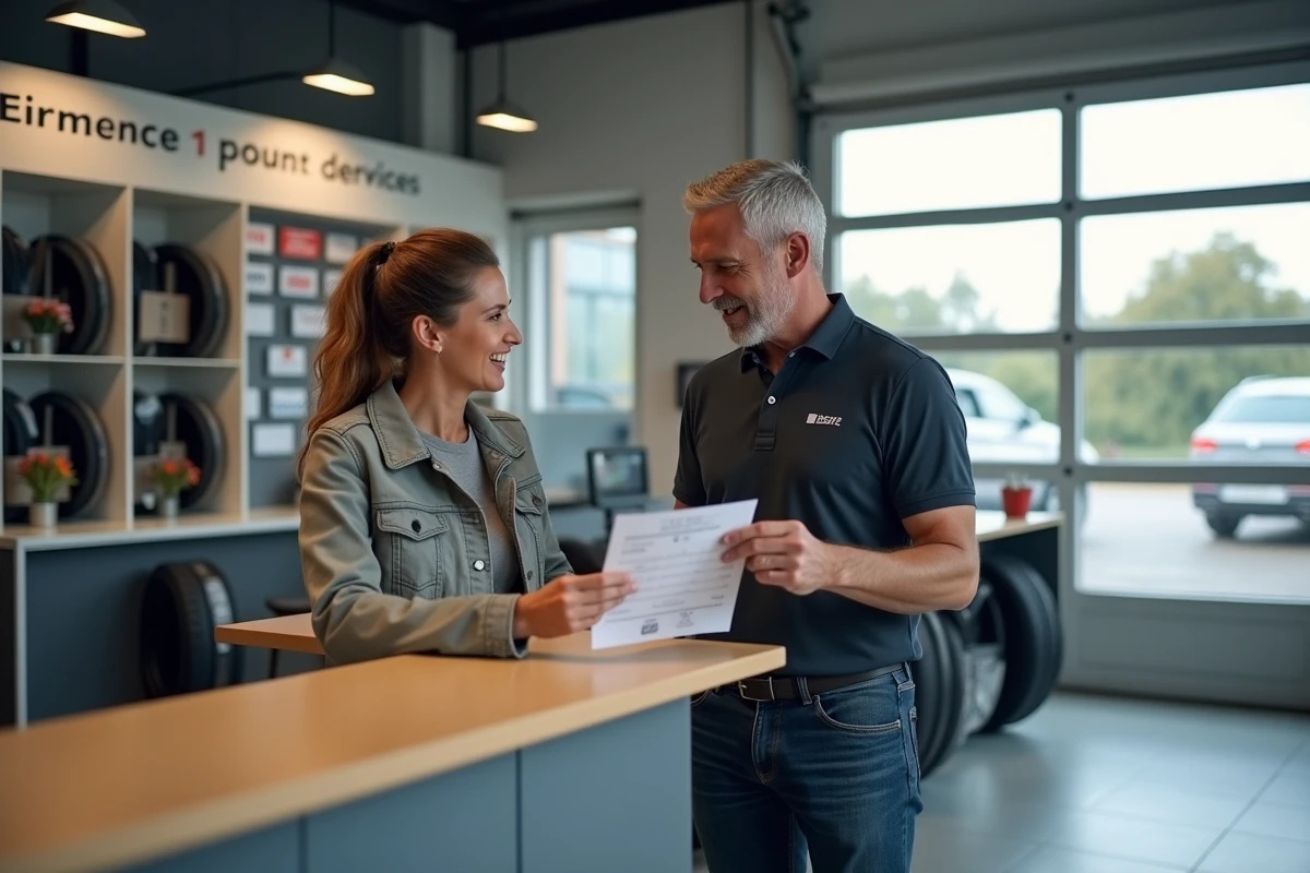 Cliente comparant les prix de pneus avec un conseiller dans un centre Centrale Pneus