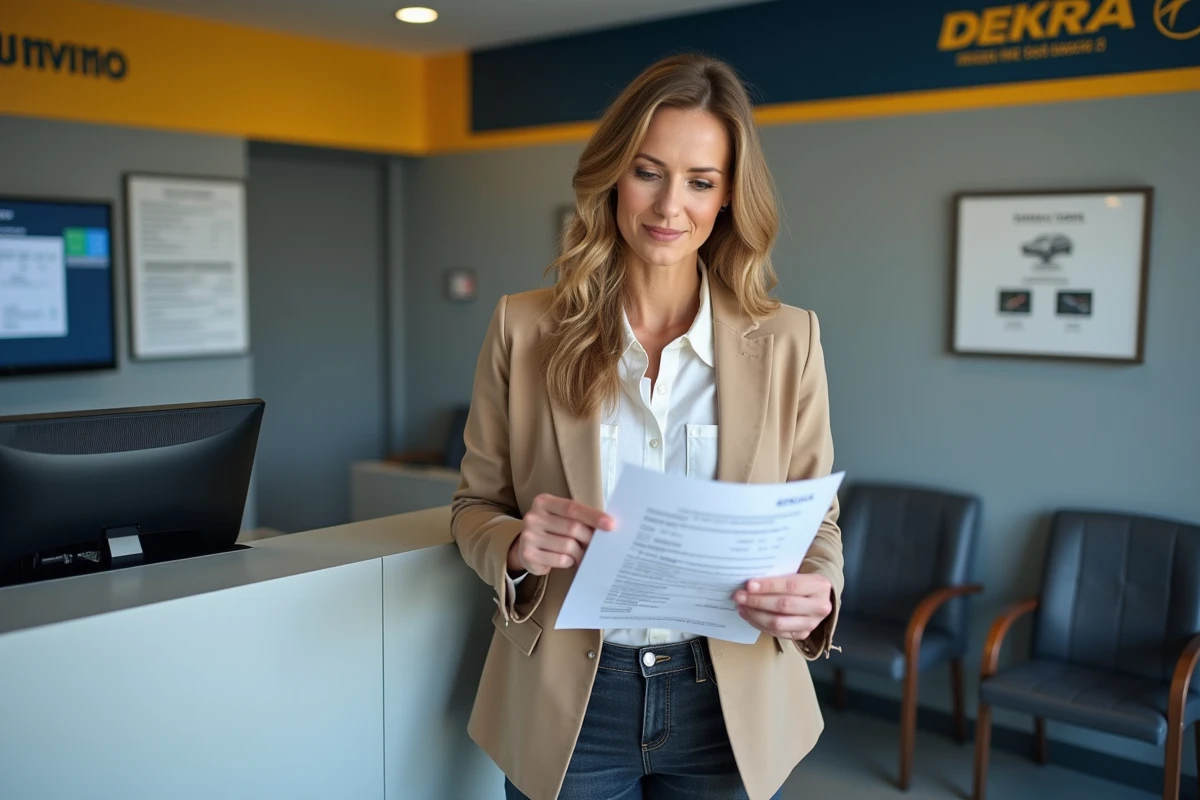 Cliente examinant le rapport de contrôle technique DEKRA à l'accueil d'un centre d'inspection