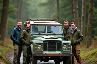 Groupe de passionnés Land Rover rassemblés autour d'un Defender boueux en forêt lors d'un rassemblement de club 4x4