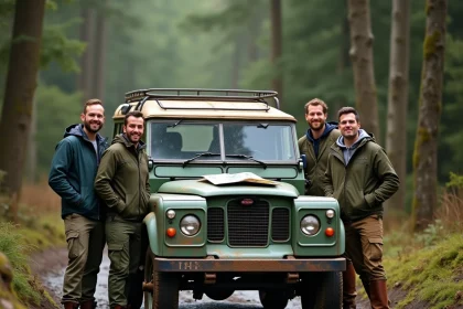 Groupe de passionnés Land Rover rassemblés autour d'un Defender boueux en forêt lors d'un rassemblement de club 4x4
