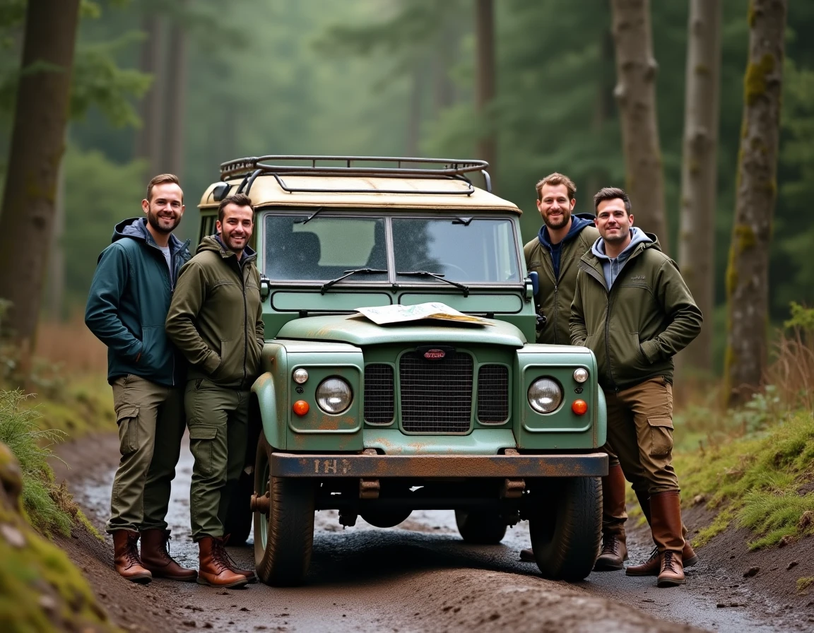 Groupe de passionnés Land Rover rassemblés autour d'un Defender boueux en forêt lors d'un rassemblement de club 4x4