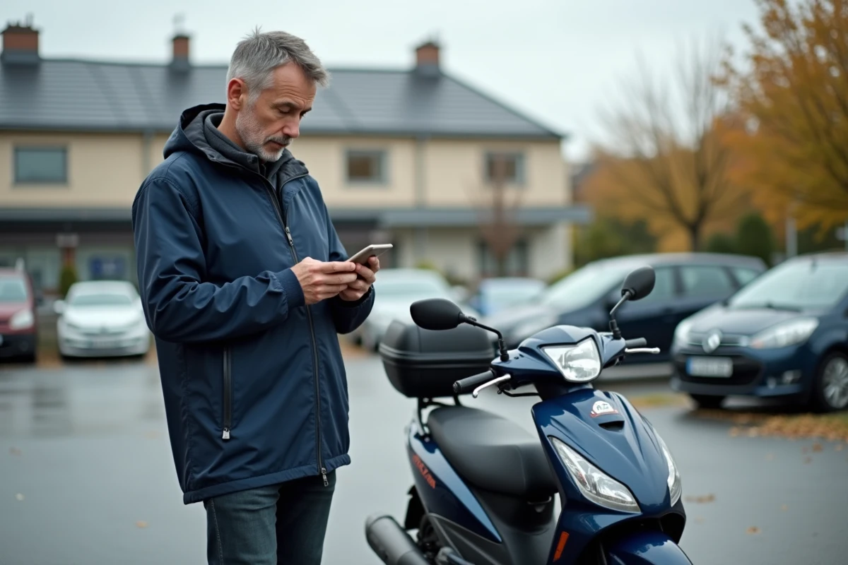 Homme d'âge moyen comparant des assurances scooter sans permis sur smartphone dans un parking de banlieue
