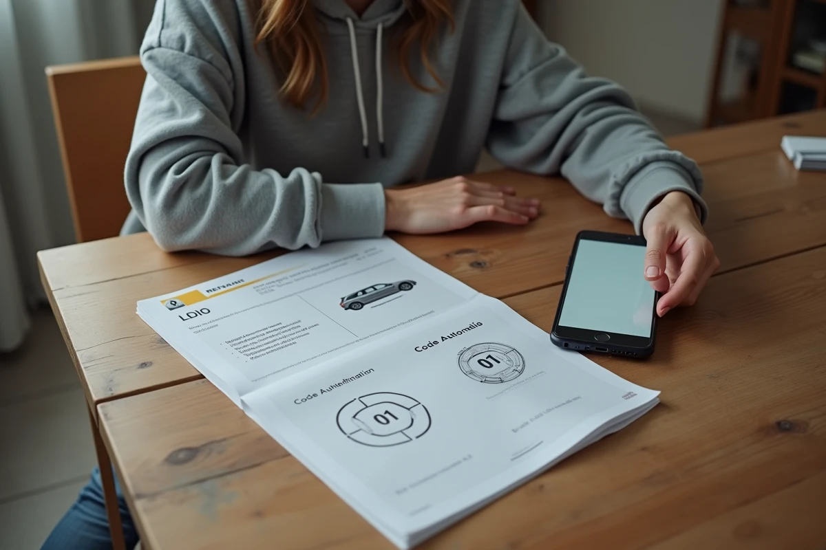 Femme consultant le manuel du propriétaire d'une Renault Clio 4 à la maison, comparant le code d'authentification et le code autoradio sur des documents imprimés