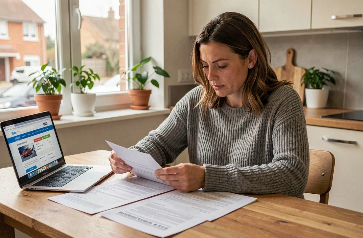 Femme comparant des devis d'assurance auto à Colomiers sur une table en bois avec des documents et un ordinateur portable