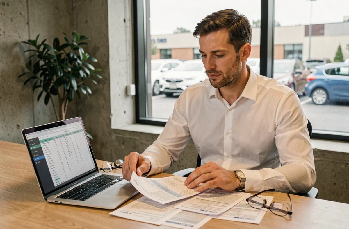 Chef d'entreprise comparant des formules d'assurance auto professionnelle dans un bureau moderne