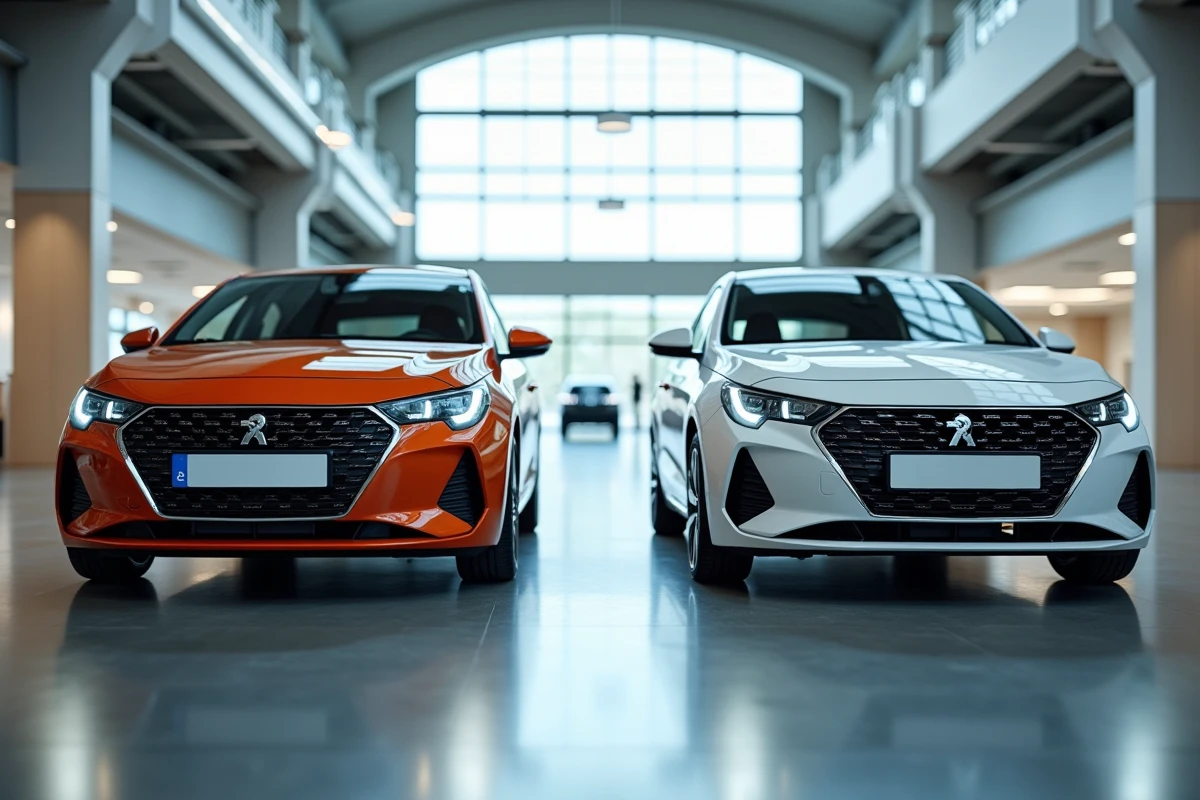 Comparaison Peugeot 208 première et deuxième génération côte à côte dans un showroom automobile
