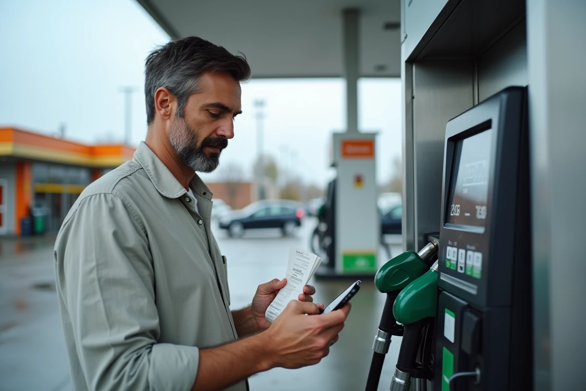 Homme comparant un reçu papier de carburant avec une application de calcul de coût d'essence sur smartphone à une station-service