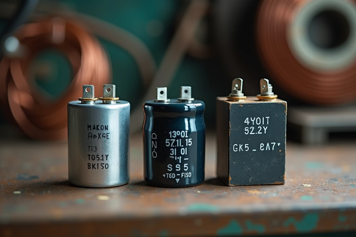 Comparaison de différents types de condensateurs pour moteur électrique à usage intensif sur établi métallique