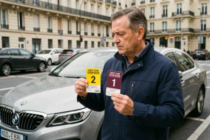 Homme comparant les vignettes Crit'Air 1 essence et Crit'Air 2 diesel devant une voiture en ville à Paris
