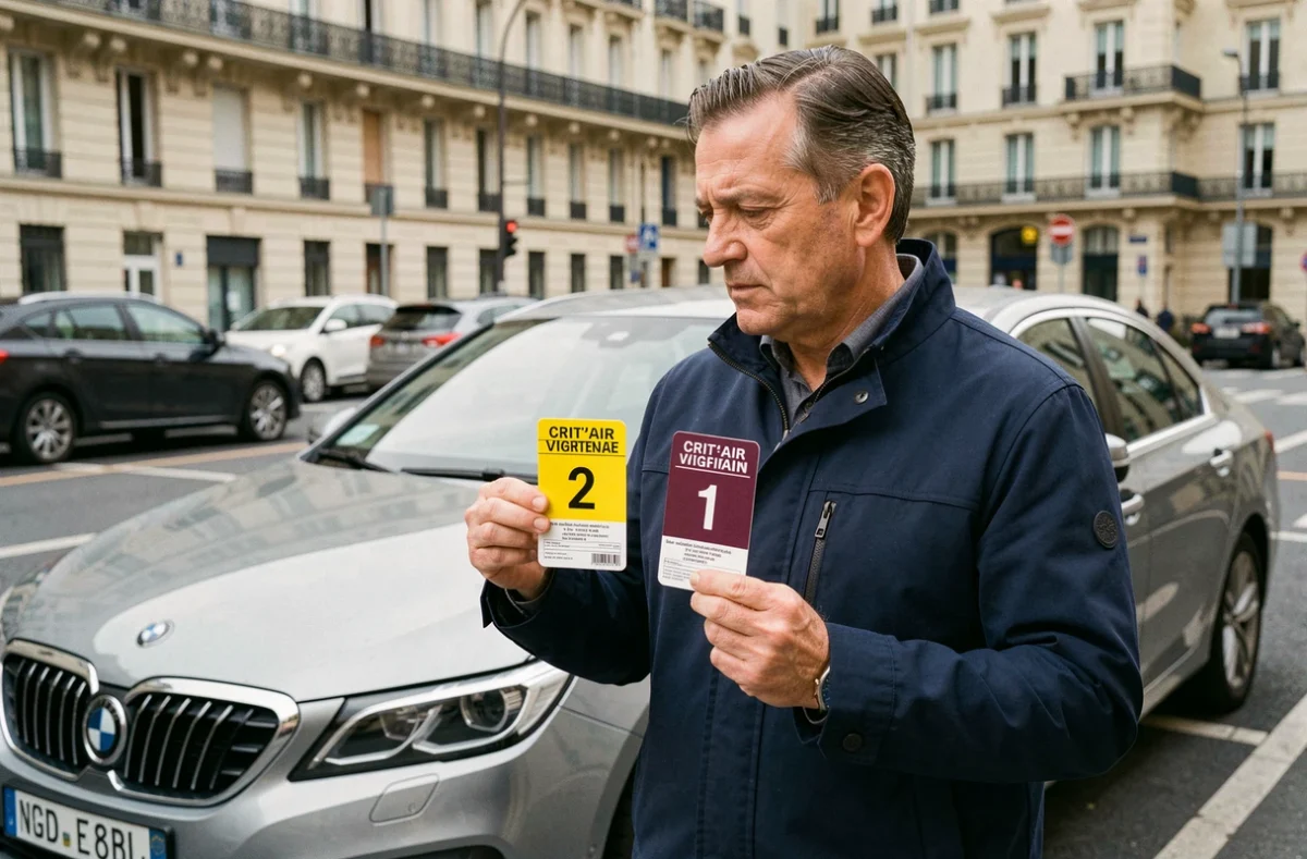 Homme comparant les vignettes Crit'Air 1 essence et Crit'Air 2 diesel devant une voiture en ville à Paris