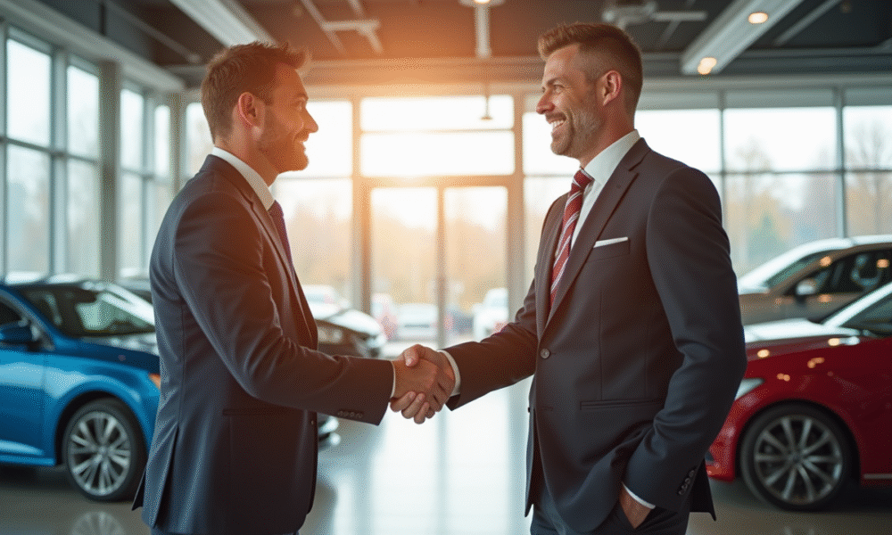 Concessionnaire souriant avec client dans un showroom moderne