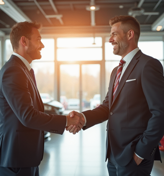 Concessionnaire souriant avec client dans un showroom moderne