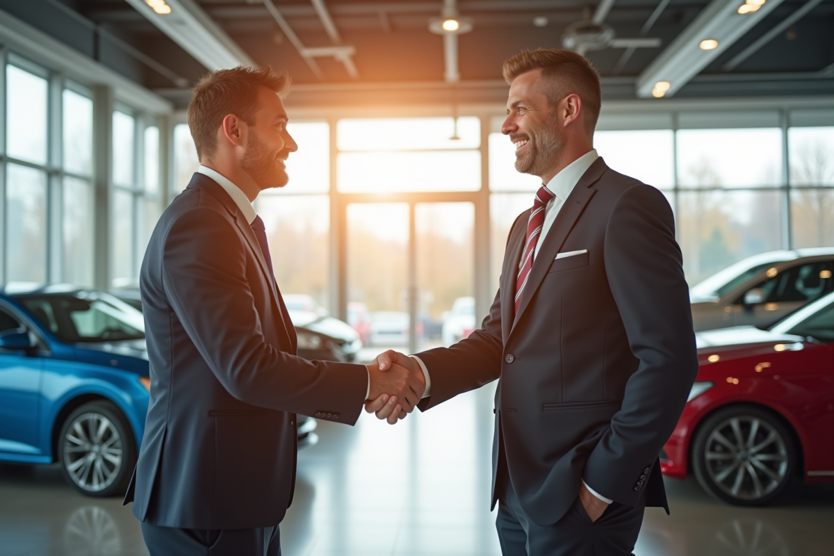 Concessionnaire souriant avec client dans un showroom moderne