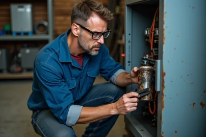 Électricien examinant un condensateur de moteur électrique brûlé avec des traces de carbonisation dans un atelier industriel