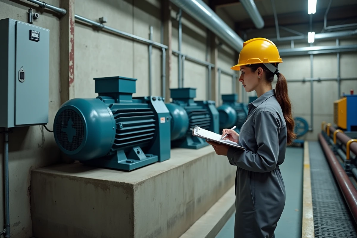 Ingénieure inspectant un condensateur de moteur électrique industriel dans une station de pompage