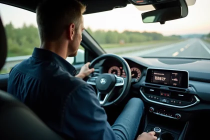 Homme moyenâgeux dans une voiture diesel moderne regardant le tableau de bord