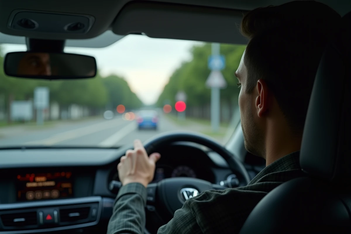 Conducteur au volant observant un feu rouge à un carrefour équipé d'un radar