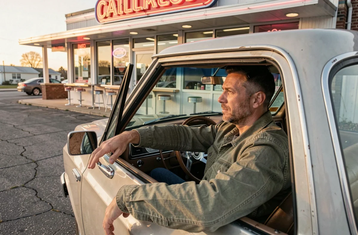Homme au volant d'un pickup américain vintage garé devant un diner rétro au bord d'une route américaine lors d'un road trip