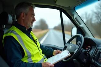 Conducteur de véhicule radar en gilet haute visibilité consulte des documents à bord de son véhicule professionnel stationné en bord de route