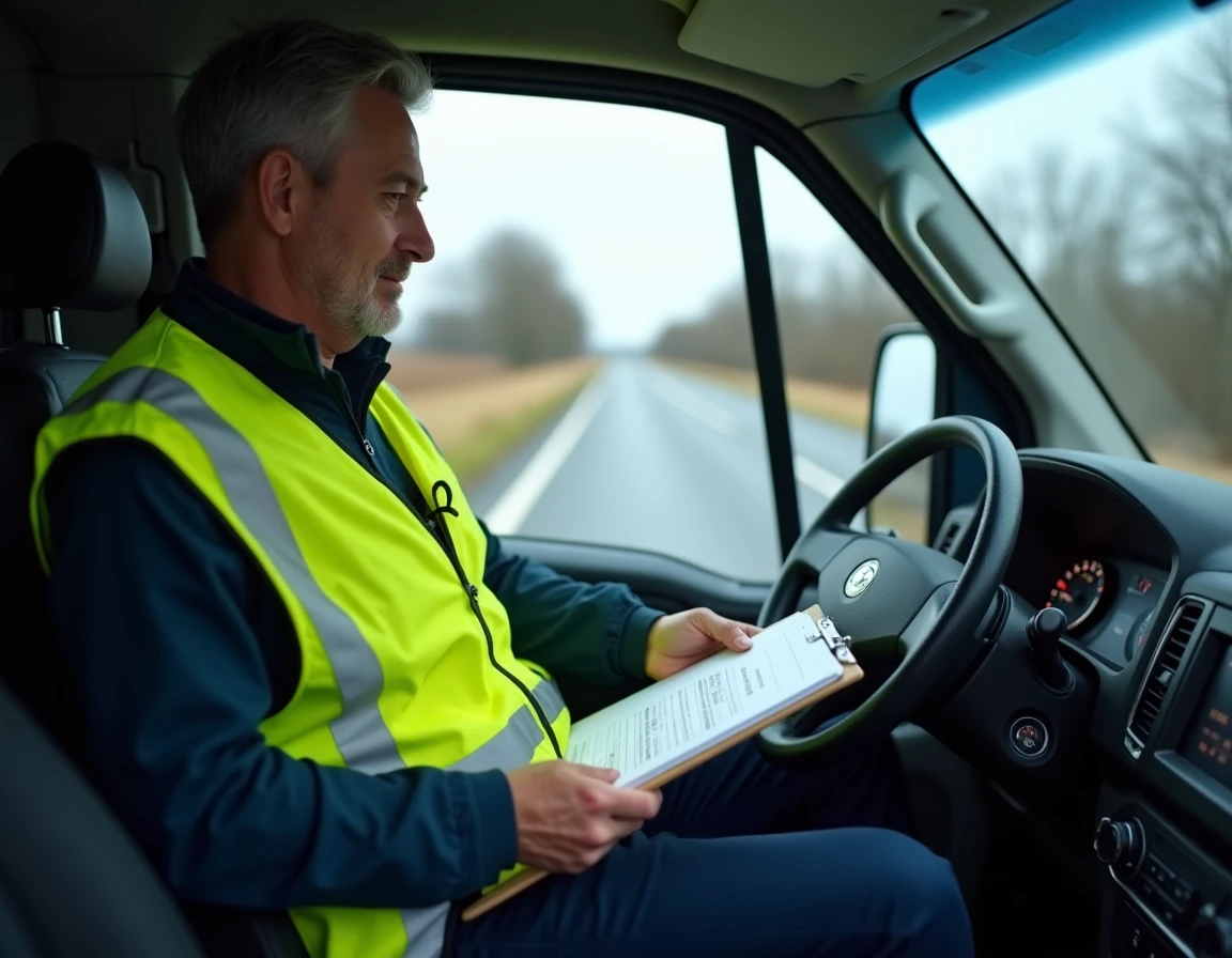 Conducteur de véhicule radar en gilet haute visibilité consulte des documents à bord de son véhicule professionnel stationné en bord de route