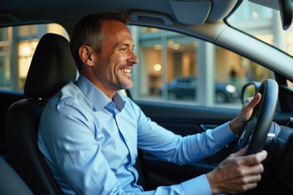 Homme conducteur en voiture moderne en ville
