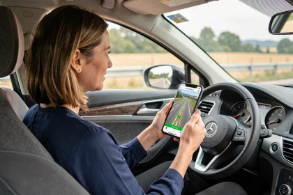 Conductrice consultant une application GPS sur smartphone pour trouver les tronçons d'autoroute gratuits sur son itinéraire en France