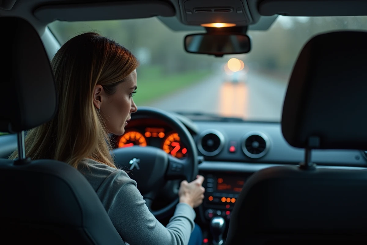 Conductrice inquiète face au voyant orange allumé dans sa Peugeot garée