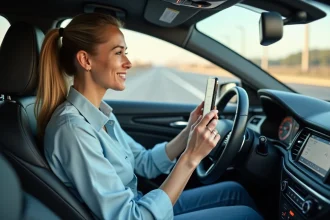 Conductrice consultant une application de navigation GPS pour éviter les péages sur autoroute