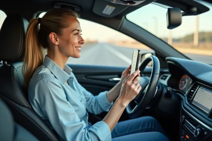Conductrice consultant une application de navigation GPS pour éviter les péages sur autoroute