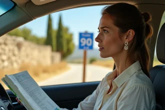 Conductrice en voiture regardant un panneau de limitation de vitesse français en km/h, comparant avec une application de conversion mph en km