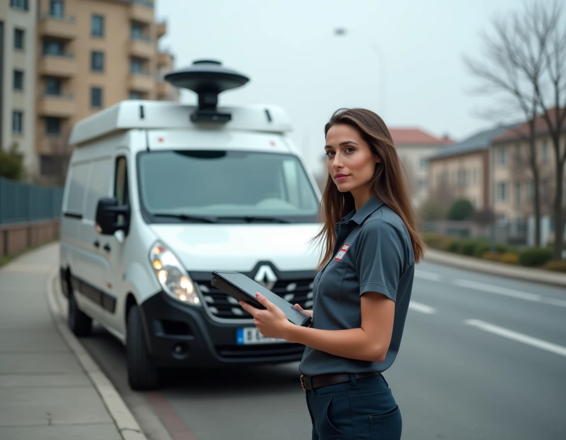 Conductrice professionnelle en tenue de travail debout près d'un fourgon radar équipé, consultant une tablette numérique en zone urbaine