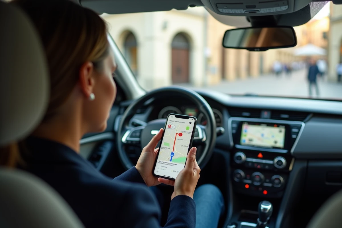 Femme au volant d'une voiture de location en Italie consultant une carte GPS pour éviter les zones interdites