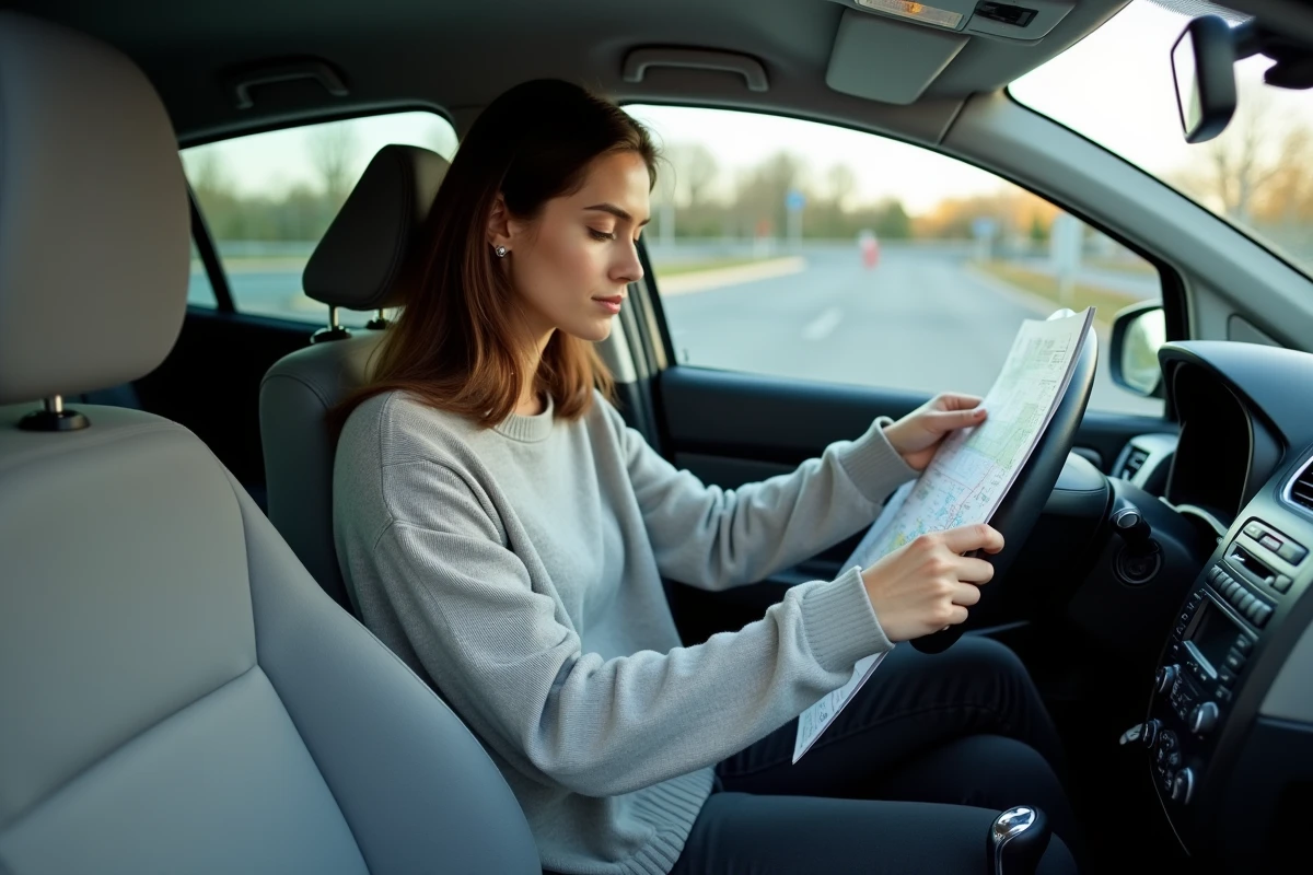 Femme examinant une carte routière au volant d'une voiture d'occasion économique avant un long trajet