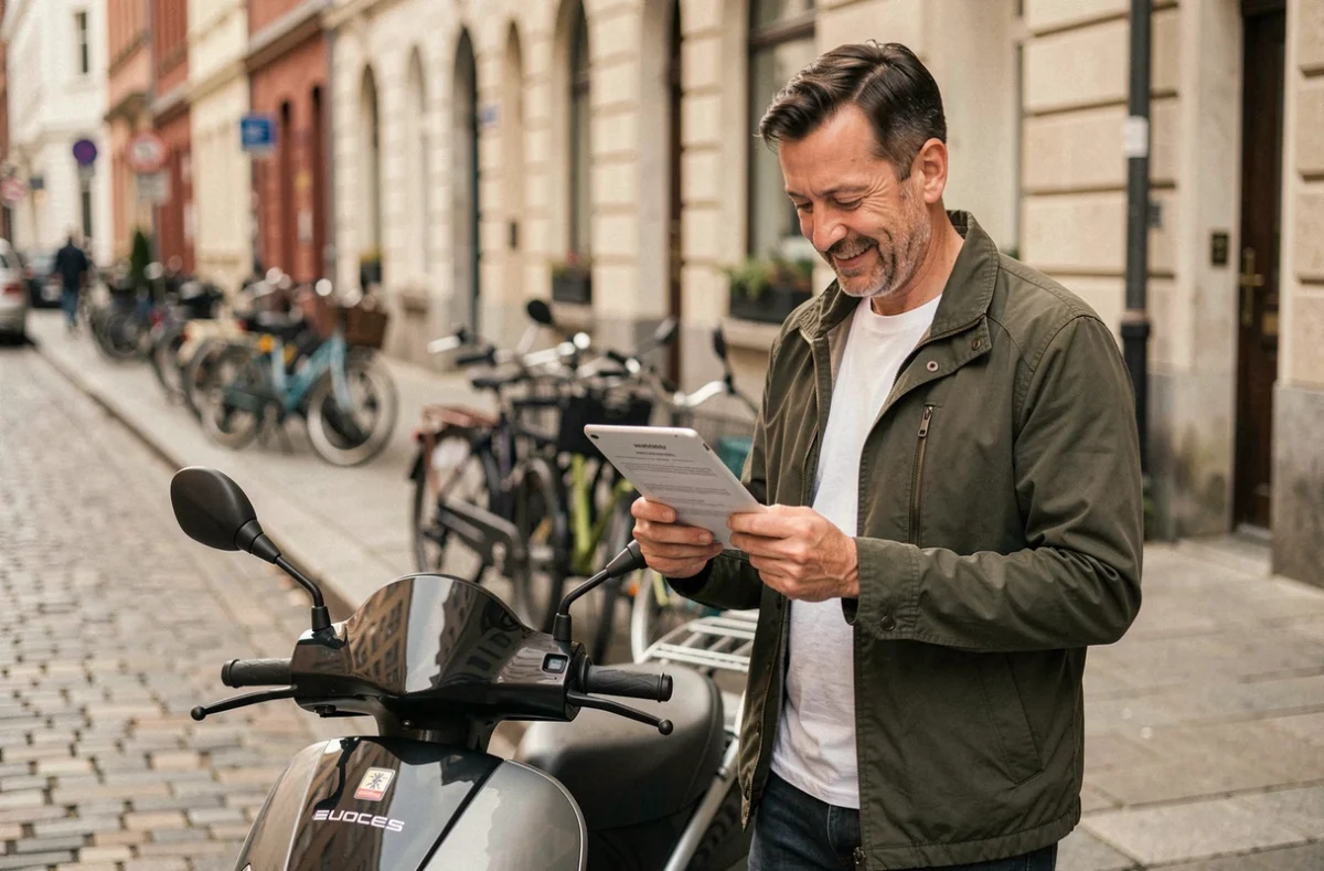 Homme consultant sa confirmation d'assurance 125 sur tablette à côté de son scooter en ville