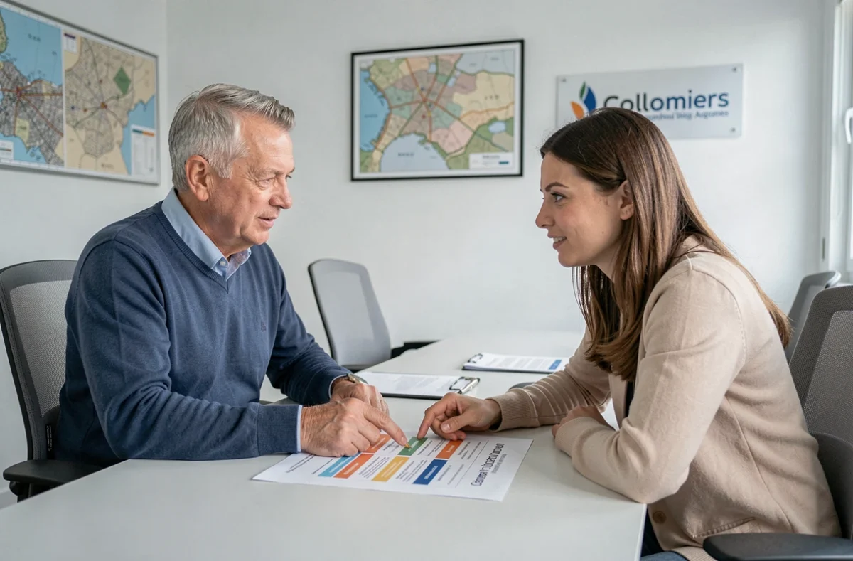 Conseiller en assurance expliquant un tarif d'assurance auto à une cliente dans une agence à Colomiers
