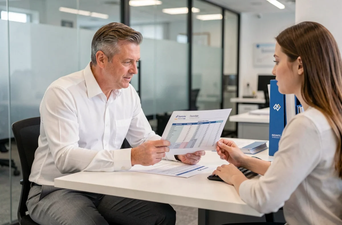 Conseiller en assurance présentant un comparatif d'offres auto à une cliente dans une agence professionnelle