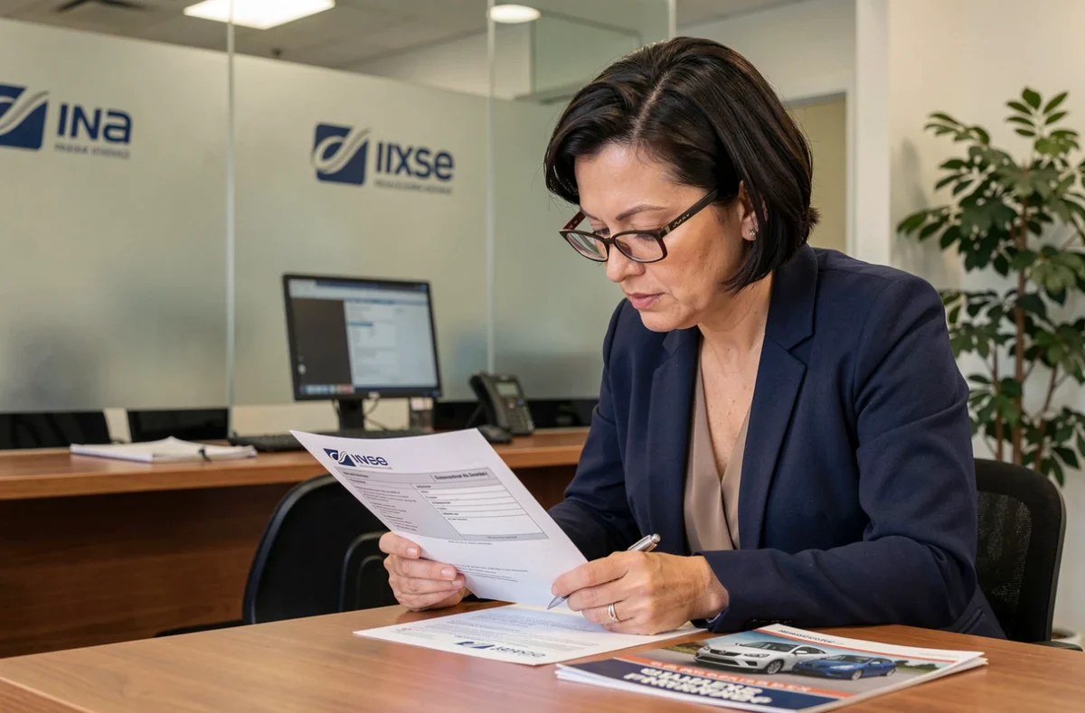 Femme consultant un certificat d'assurance automobile chez un concessionnaire
