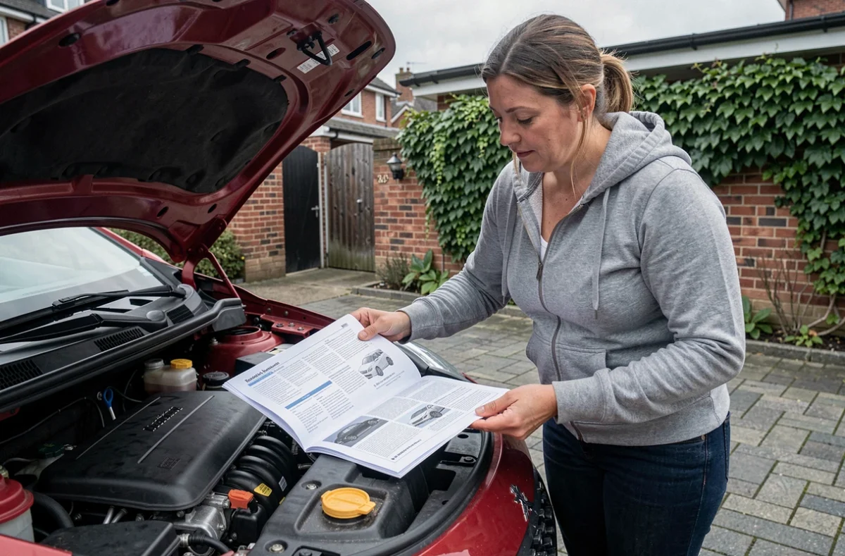 Femme consultant le manuel du propriétaire pour choisir l'huile moteur adaptée à sa Peugeot 208 essence lors d'un entretien maison