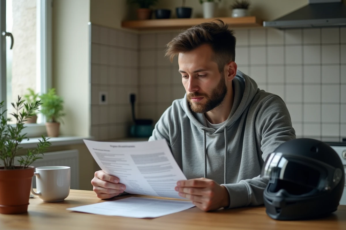 Homme lisant attentivement un contrat d'assurance scooter sans permis à une table de cuisine