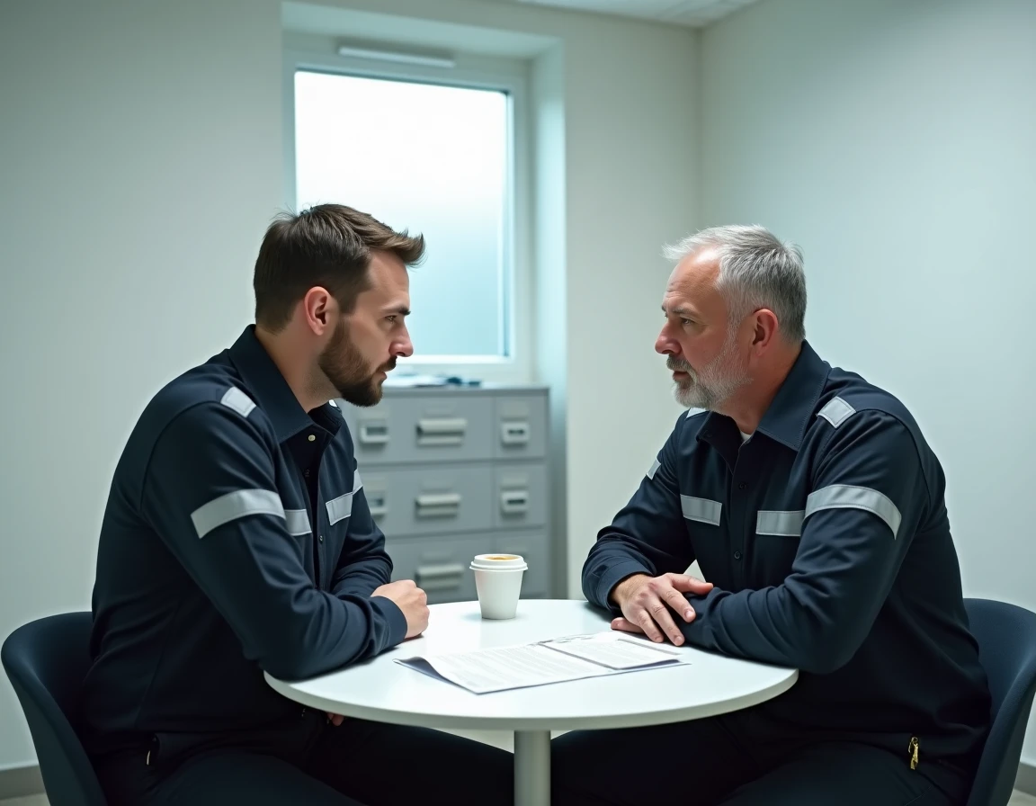 Deux conducteurs de véhicules radar en uniforme discutent d'un contrat de travail imprimé dans une salle administrative professionnelle