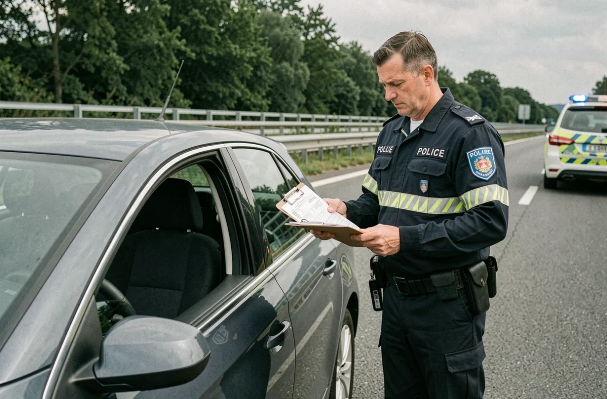 Contrôle routier policier vérifiant les documents d'un véhicule à plaque turque TR sur une autoroute européenne
