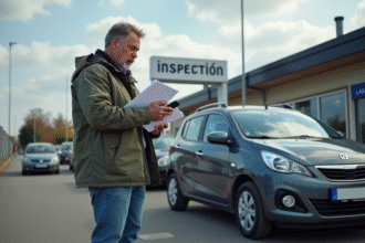 Homme d'âge moyen vérifiant sa voiture devant un centre de contrôle