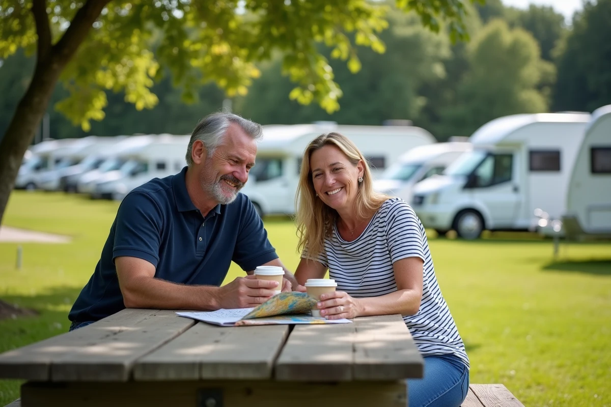 Couple se reposant dans une aire de service autoroutière lors d'un départ en week-end prolongé