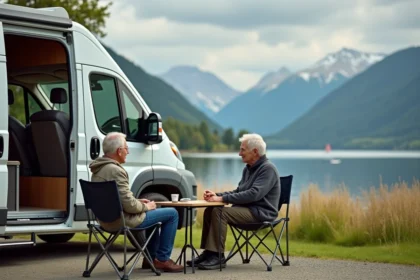Couple retraité au camping près du lac en nature