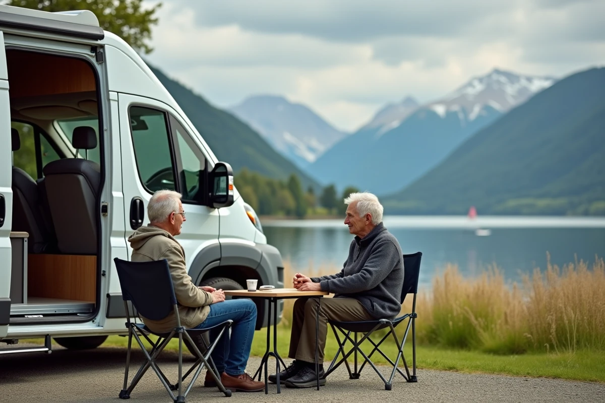 Couple retraité au camping près du lac en nature