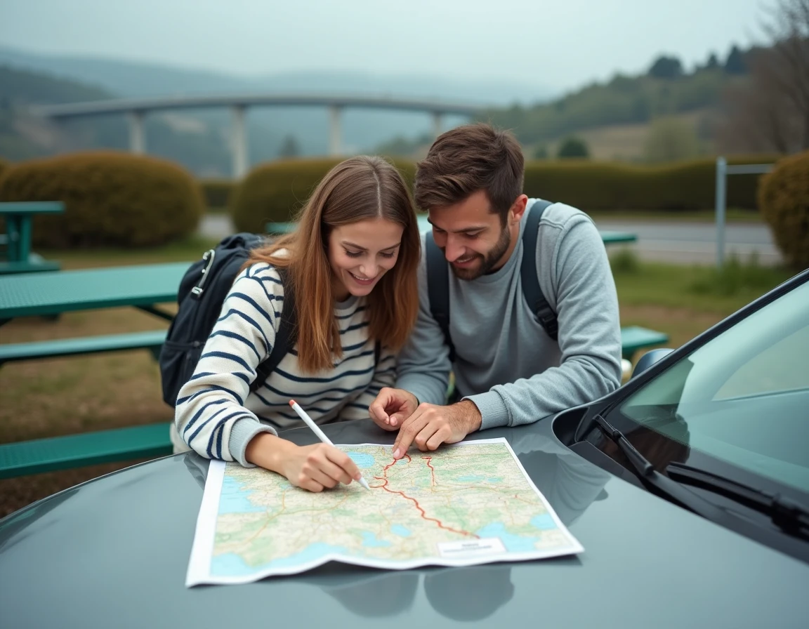 Couple de voyageurs consultant une carte routière et une fiche de conversion mph/km sur le capot d'une voiture dans une aire d'autoroute française
