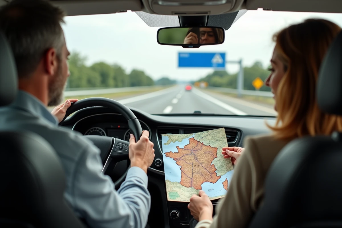 Couple consultant une carte routière de France dans une voiture sur l'autoroute